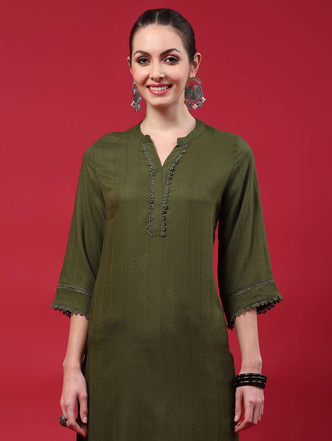 women olive self deisgn kurta  - 21221695 -  Standard Image - 5