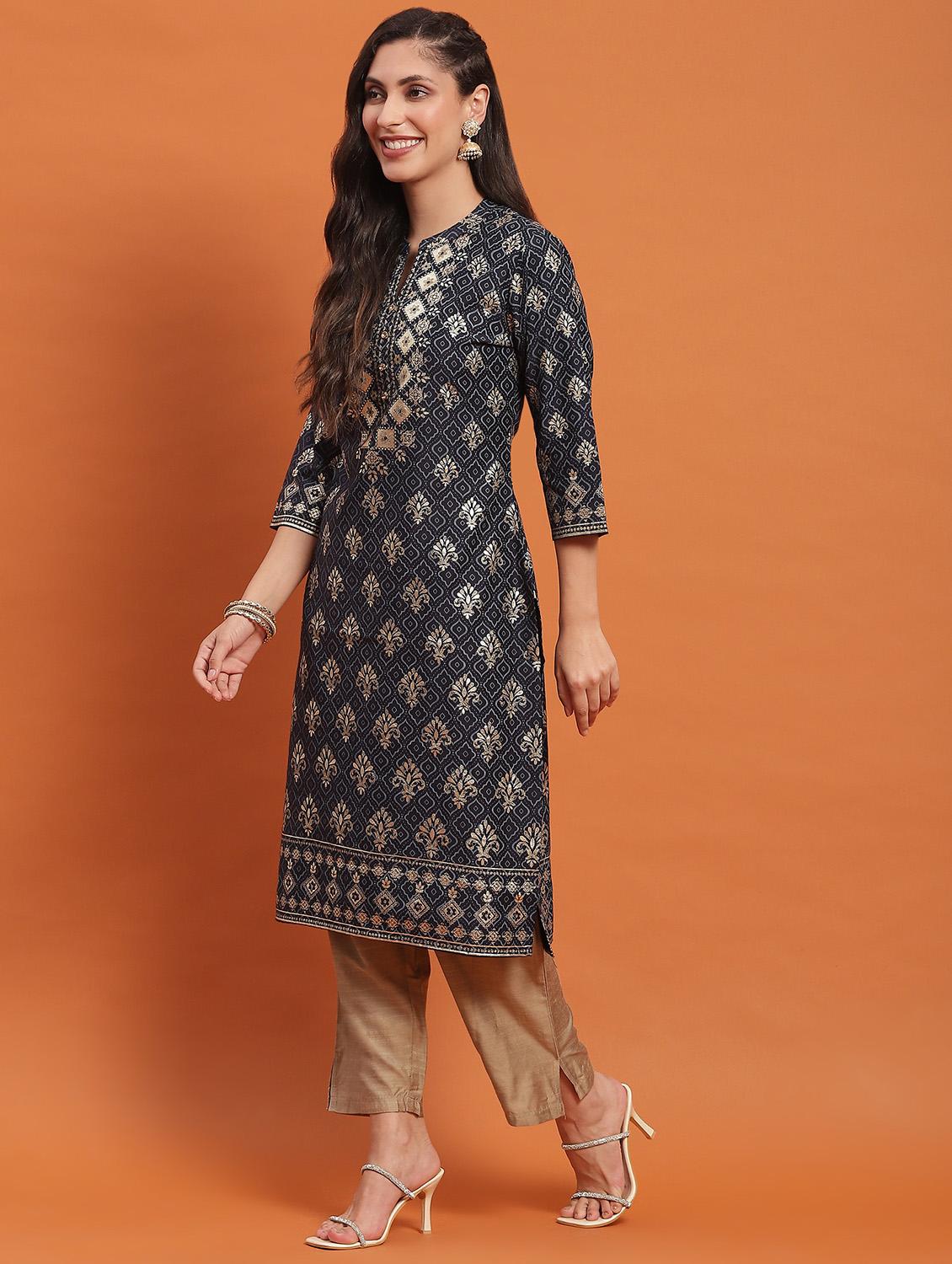 women three quarter sleeve straight kurta - 21221768 - Standard Image - 3