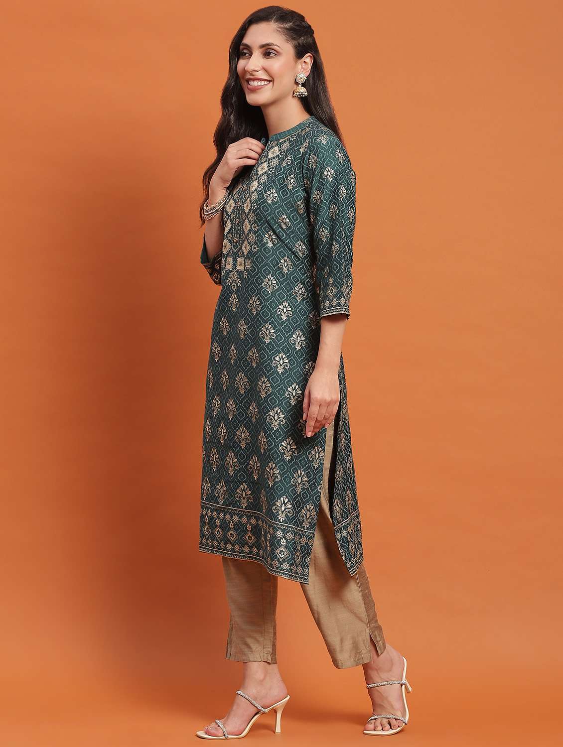 women three quarter sleeve straight kurta - 21221769 - Standard Image - 3