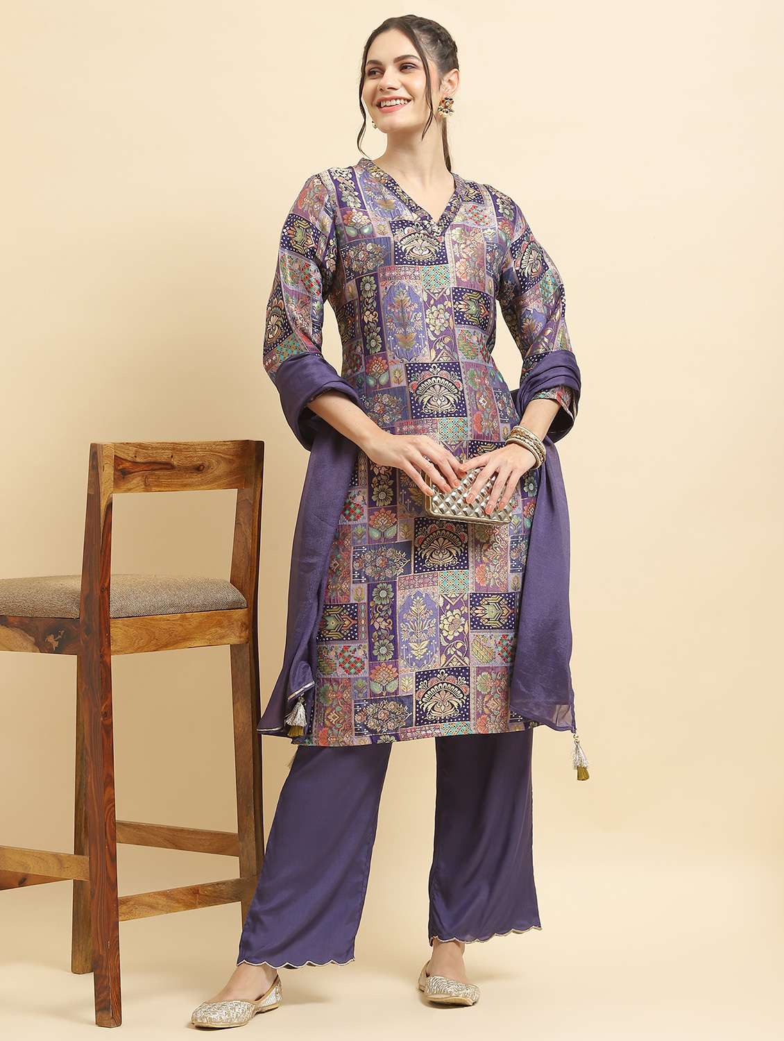 women three quarter sleeve kurta pant with dupatta set