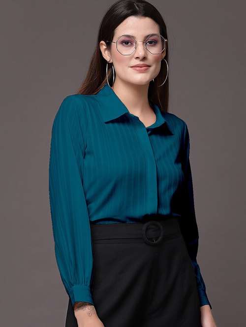 women solid collared long sleeeves shirt - 21222250 -  Standard Image - 0