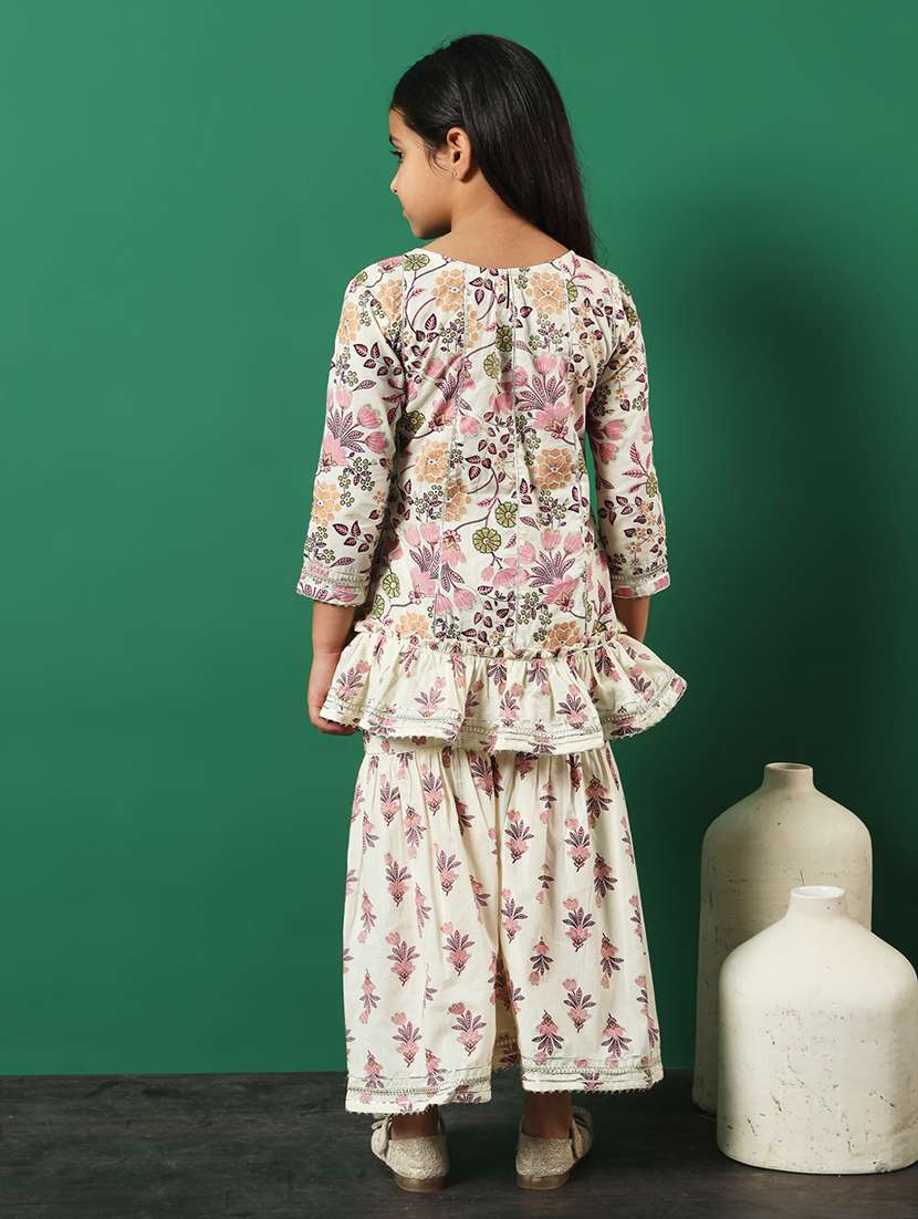 white cotton printed kurta & sharara set - 21224775 -  Standard Image - 3
