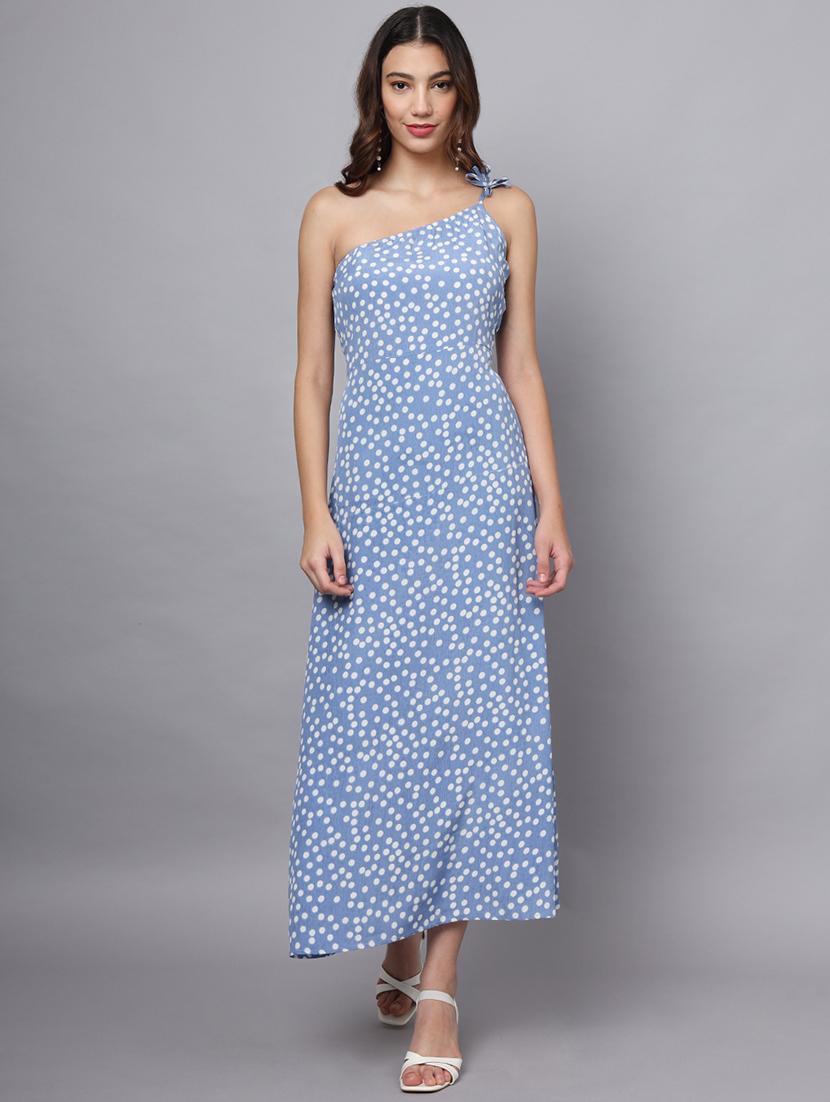 women polka doted single shoulder a-line dress