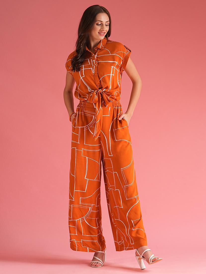 globus women brown abstract print extended sleeves shirt style waist tie-up jumpsuit - 21225181 - Zoom Image - 0