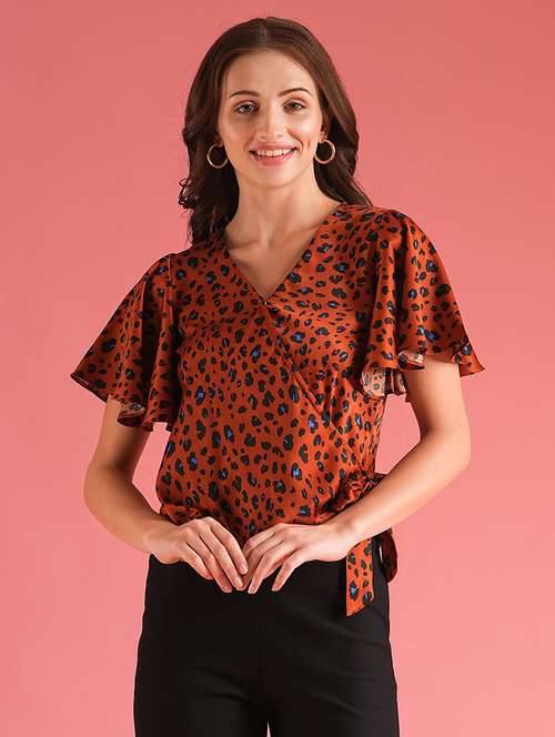 globus women brown animal print waist tie-ups workwear wrap top - 21225189 -  Standard Image - 0