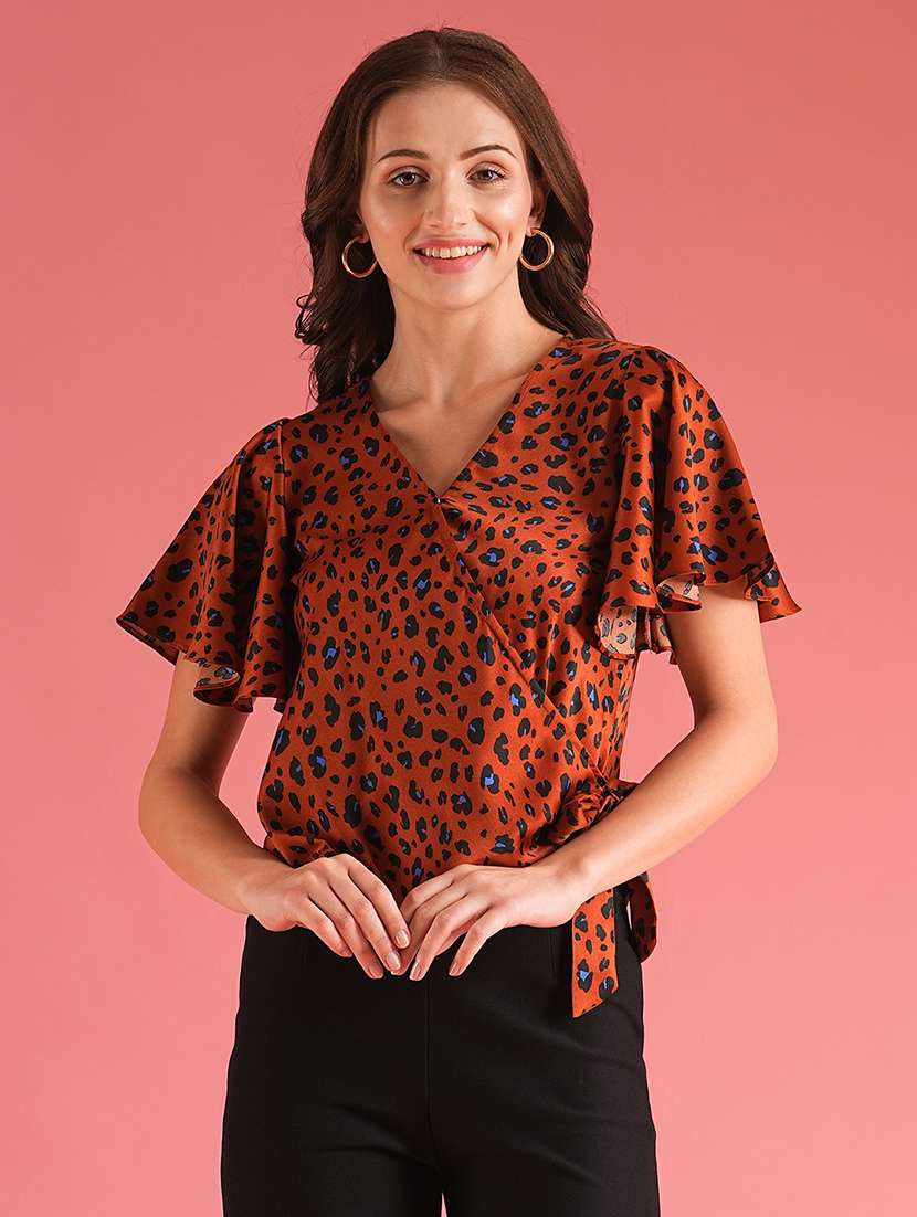 globus women brown animal print waist tie-ups workwear wrap top - 21225189 -  Zoom Image - 0