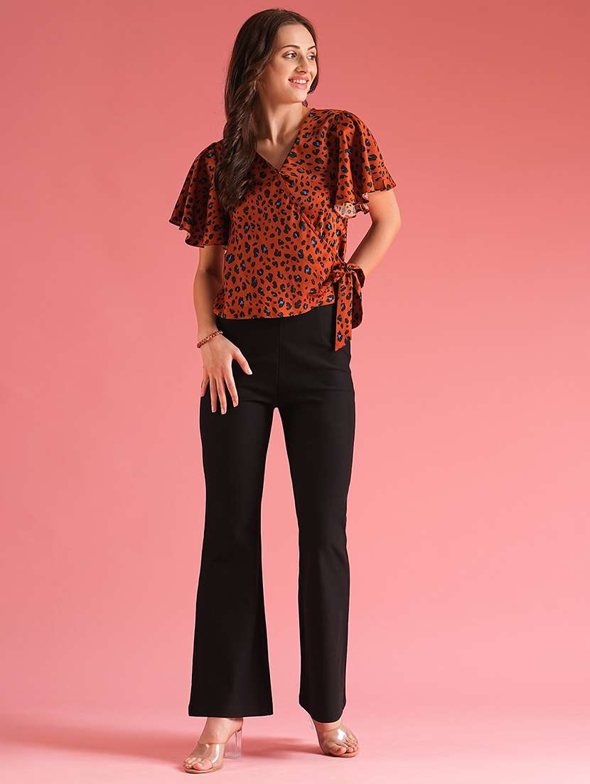 globus women brown animal print waist tie-ups workwear wrap top - 21225189 - Standard Image - 3
