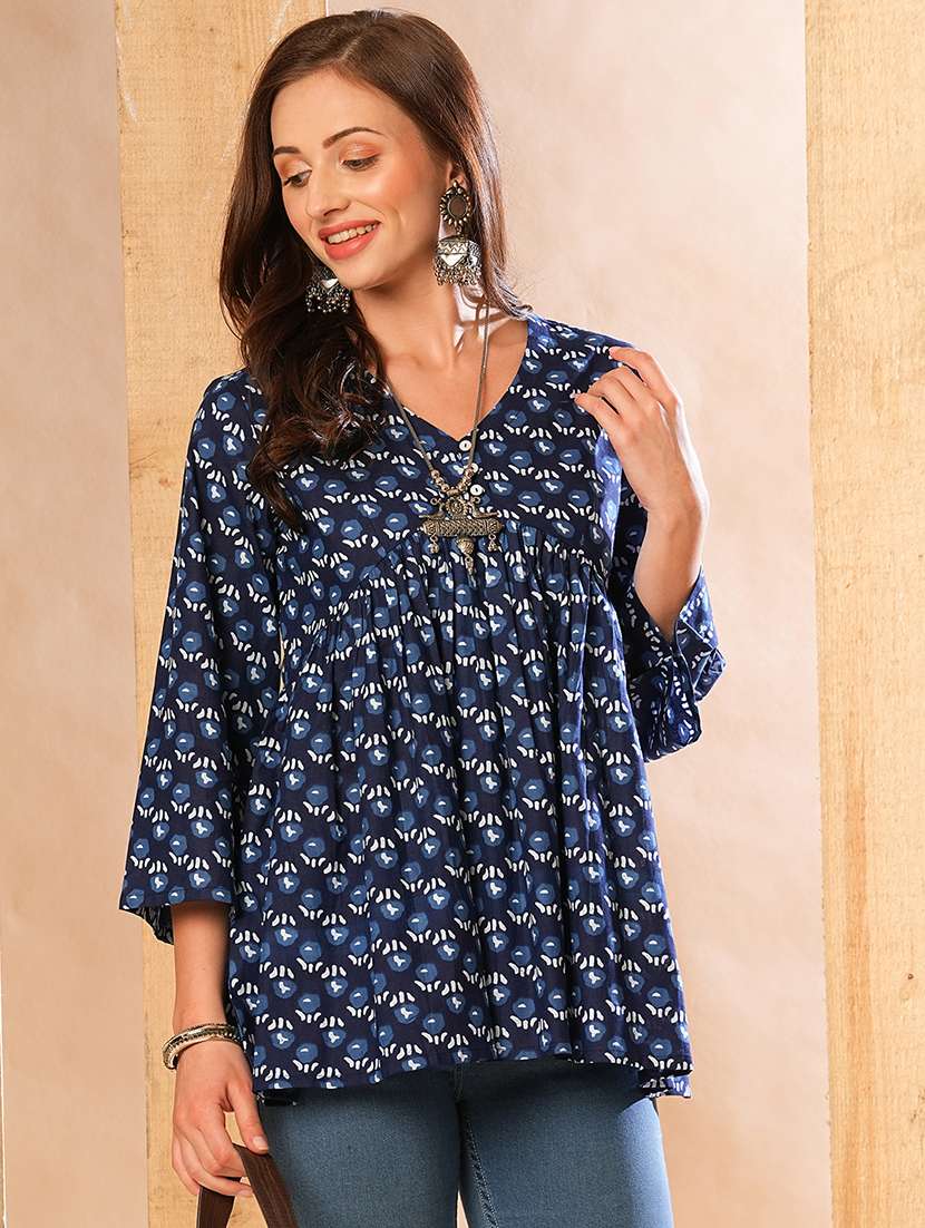 globus women indigo allover printed & gathered a-line alia cut workwear tunic - 21225830 - Zoom Image - 0