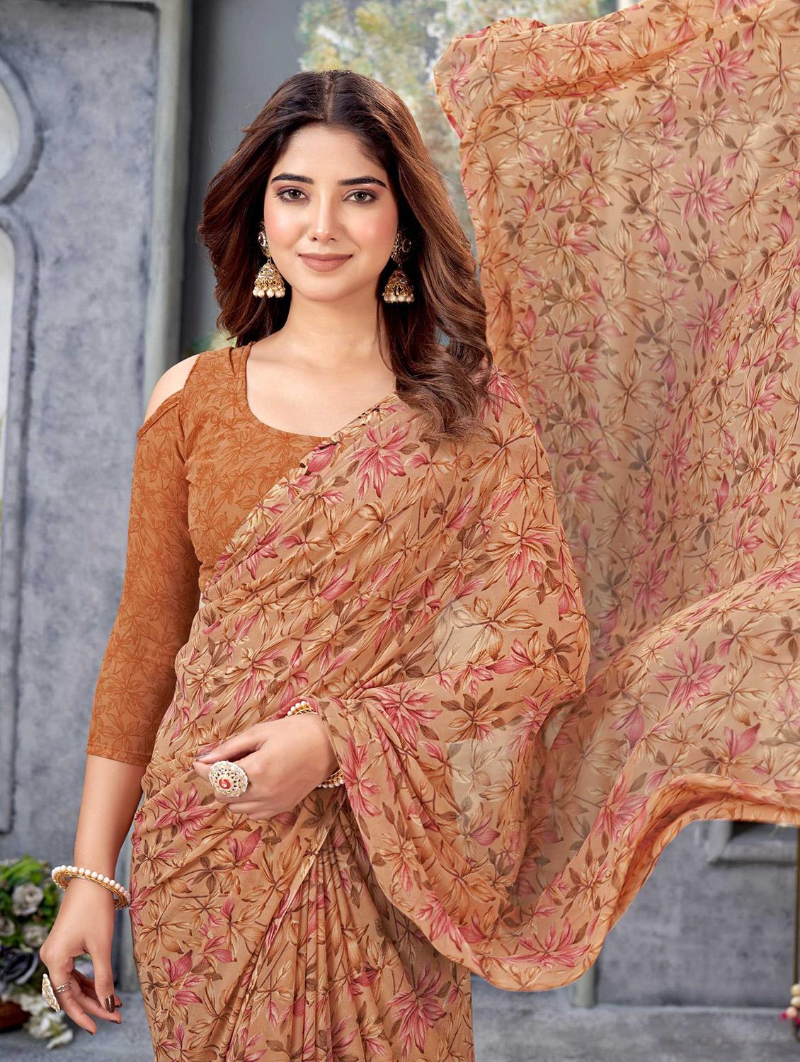 women brown floral printed saree with blouse - 21226103 - Standard Image - 3