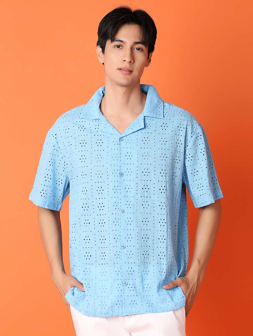 men light blue self -designed casual shirt