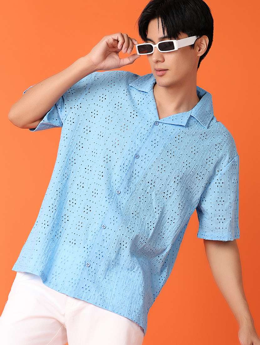 men light blue self -designed casual shirt - 21226853 -  Standard Image - 3