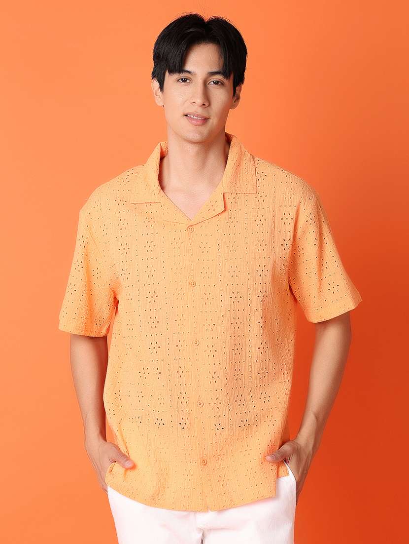 men orange self-designed casual shirt