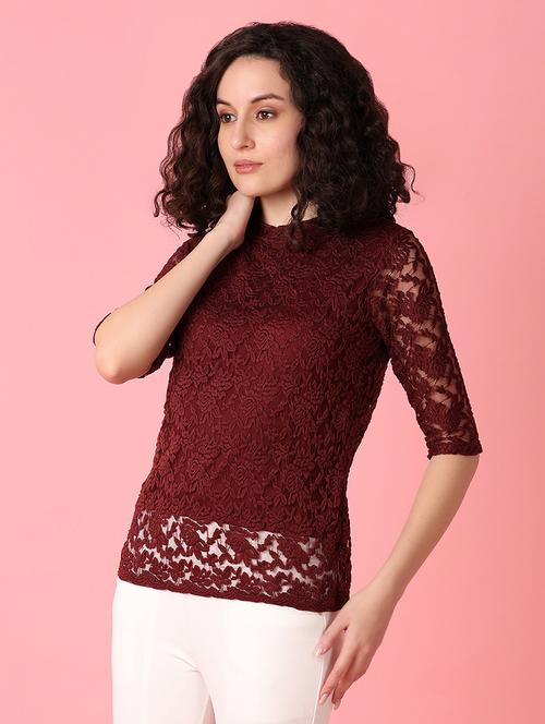 women maroon lace detailed round neck top - 21226916 -  Standard Image - 0