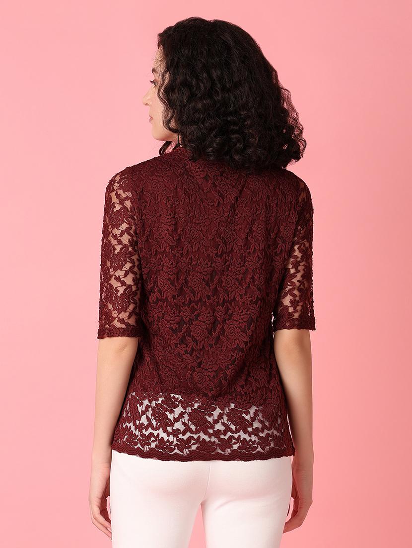women maroon lace detailed round neck top - 21226916 - Standard Image - 3