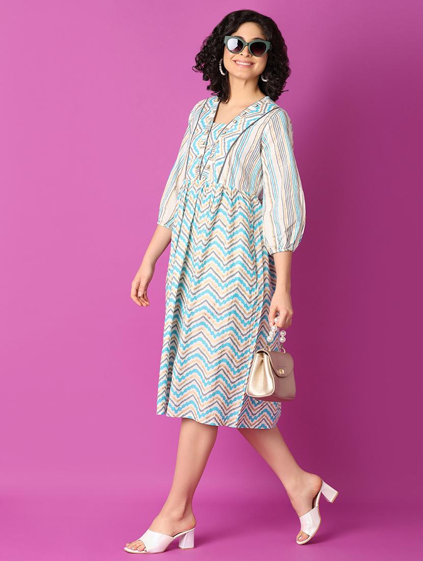 blue printed fit & flare dress - 21226925 - Standard Image - 3