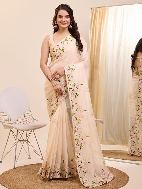 cream organza embroidered saree - 21227188 -  Standard Image - 0