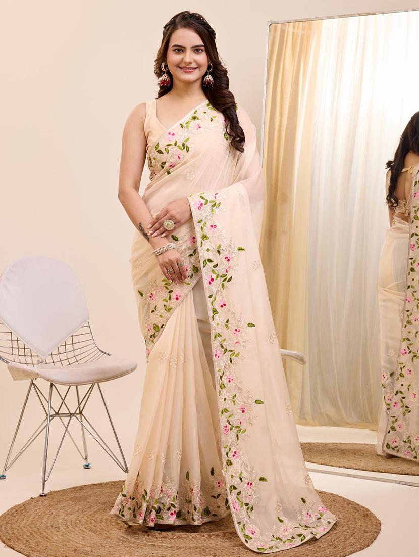 cream organza embroidered saree - 21227188 -  Zoom Image - 0