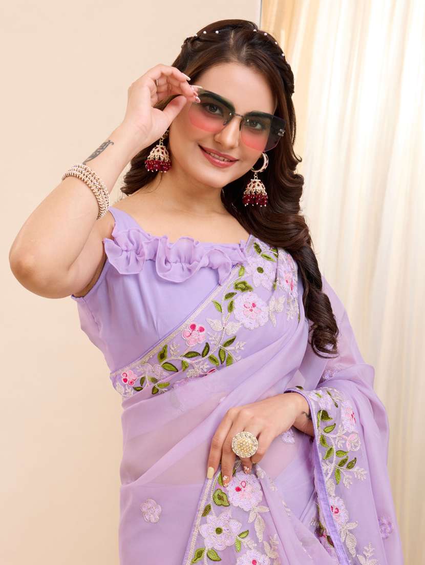 women lavender embroidered saree - 21227189 -  Standard Image - 3