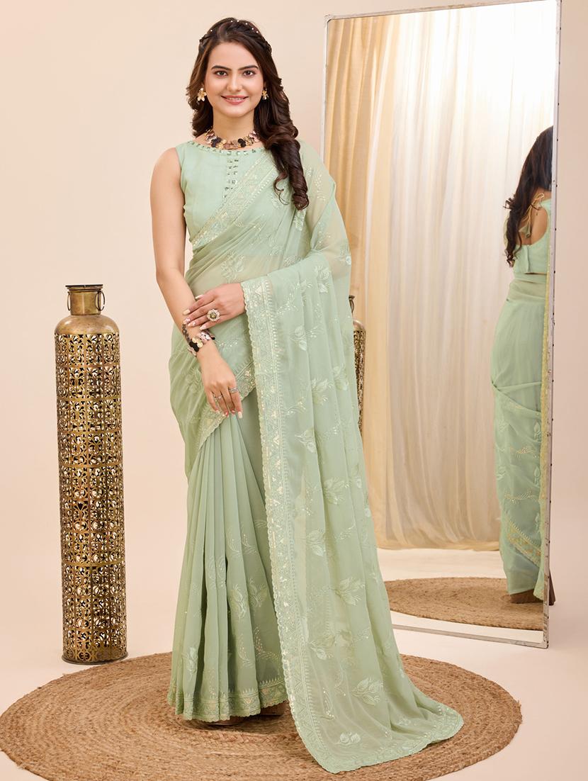 olive georgette embroidered saree with blouse - 21227216 - Zoom Image - 0