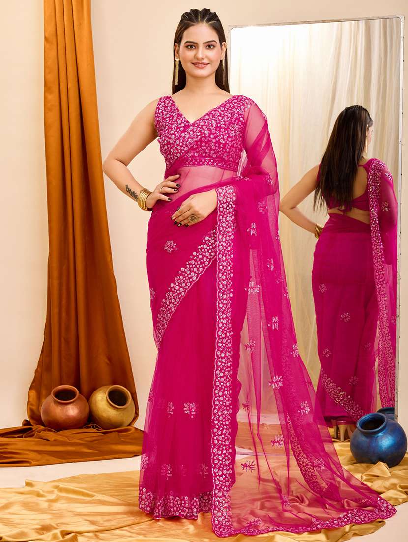 pink net embroidered saree - 21227227 - Zoom Image - 0