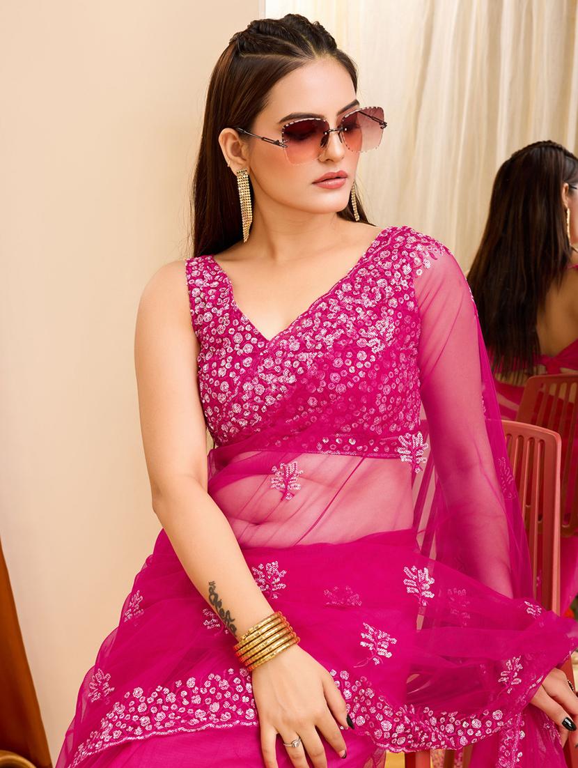 pink net embroidered saree - 21227227 - Standard Image - 3