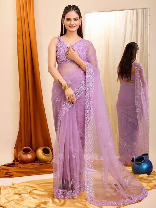 lavender net embroidered saree - 21227229 - Standard Image - 0