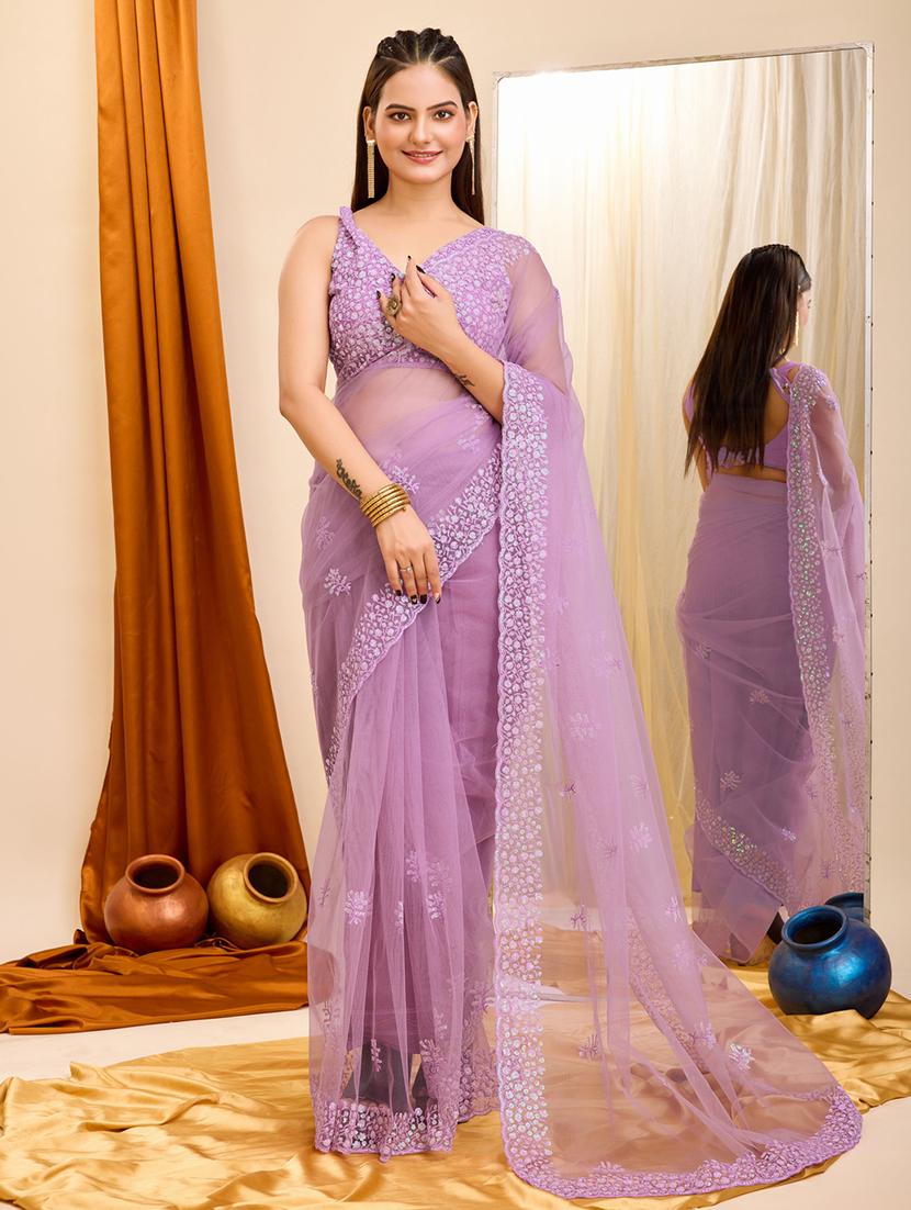 lavender net embroidered saree - 21227229 - Zoom Image - 0