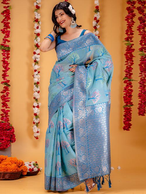 women turquoise banarasi saree - 21227261 - Standard Image - 0