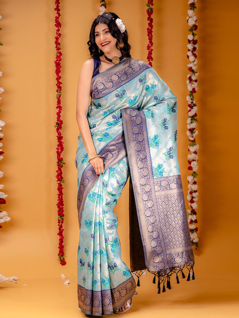 turquoise art silk banarasi saree with blouse - 21227355 - Zoom Image - 0