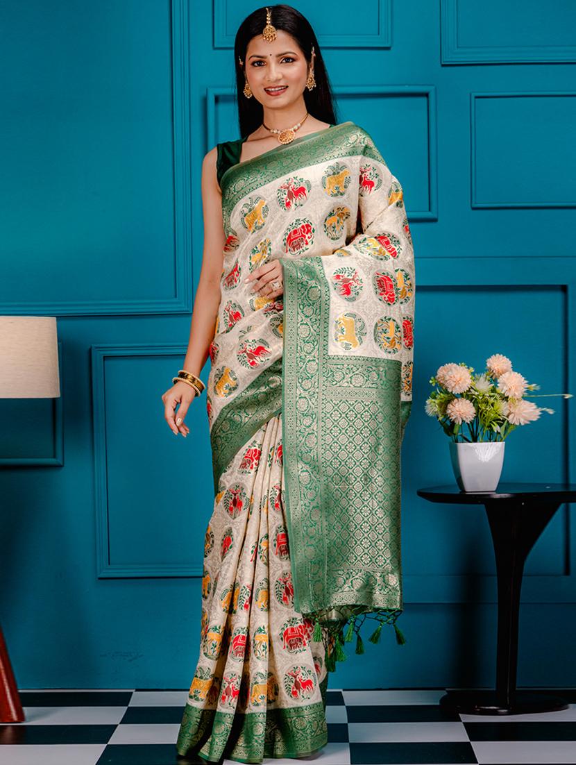 off white art silk patola saree with blouse - 21227420 - Zoom Image - 0
