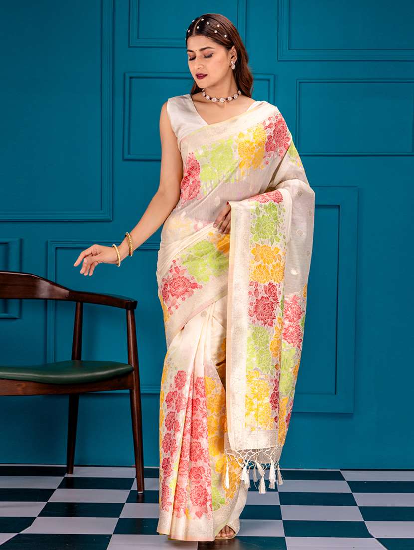 off white art silk banarasi saree - 21227442 -  Zoom Image - 0