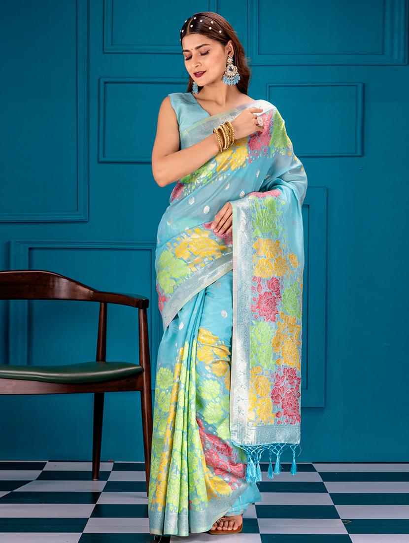 turquoise art silk banarasi saree with blouse - 21227445 - Zoom Image - 0