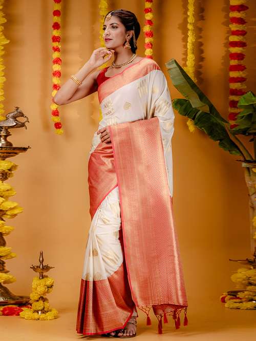 off white art silk kanjivaram saree with blouse - 21227453 -  Standard Image - 0