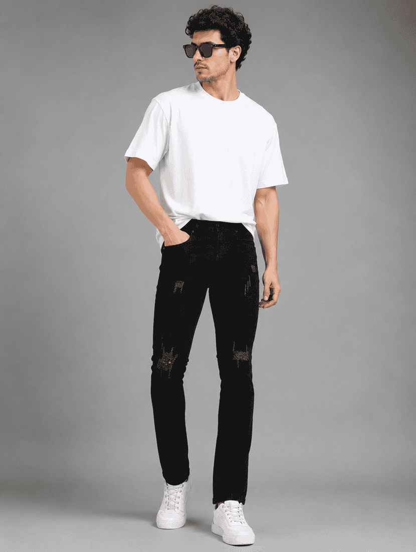 men distress mid rise full length skinny fit jeans