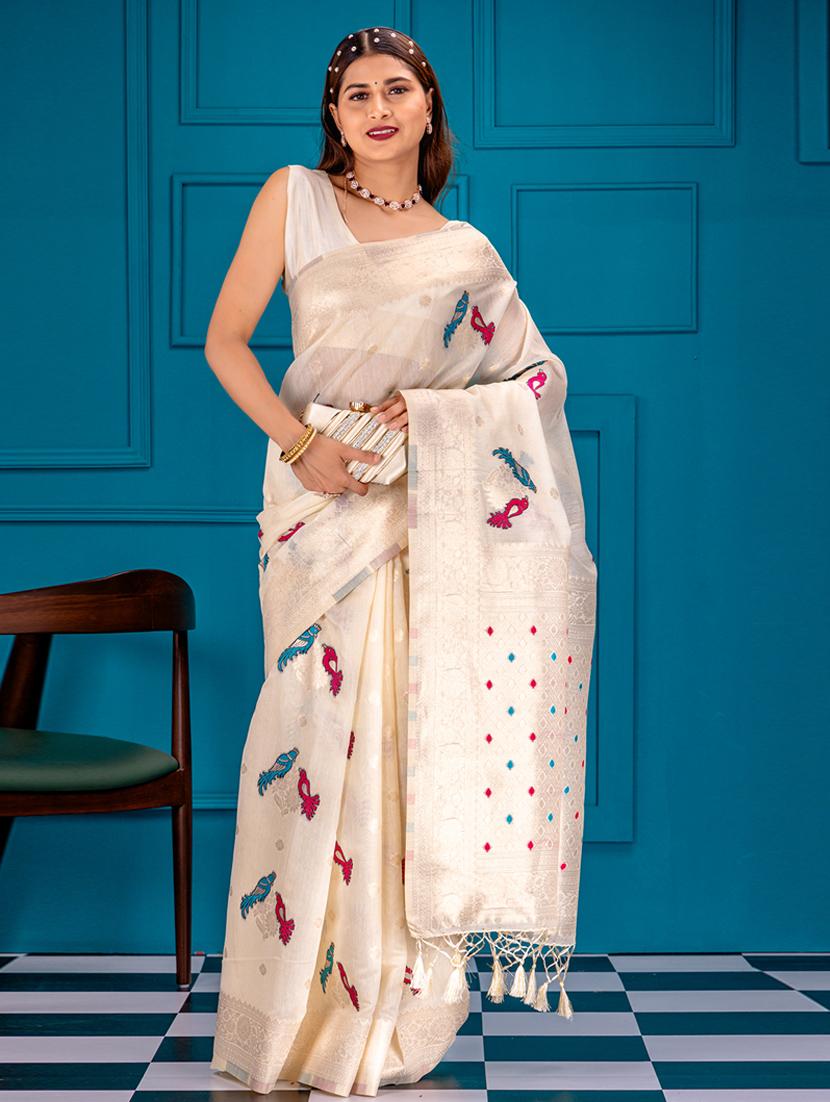 off white art silk banarasi saree - 21227478 - Zoom Image - 0