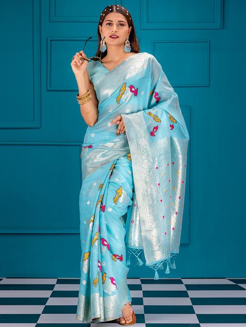 turquoise art silk banarasi saree with blouse - 21227482 - Standard Image - 0