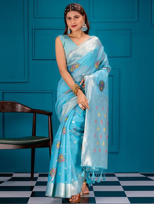 turquoise art silk banarasi saree with blouse - 21227487 - Standard Image - 0