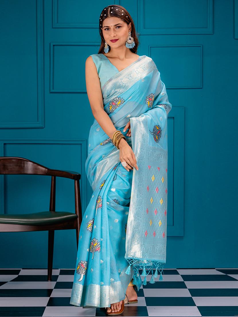 turquoise art silk banarasi saree with blouse - 21227487 - Zoom Image - 0