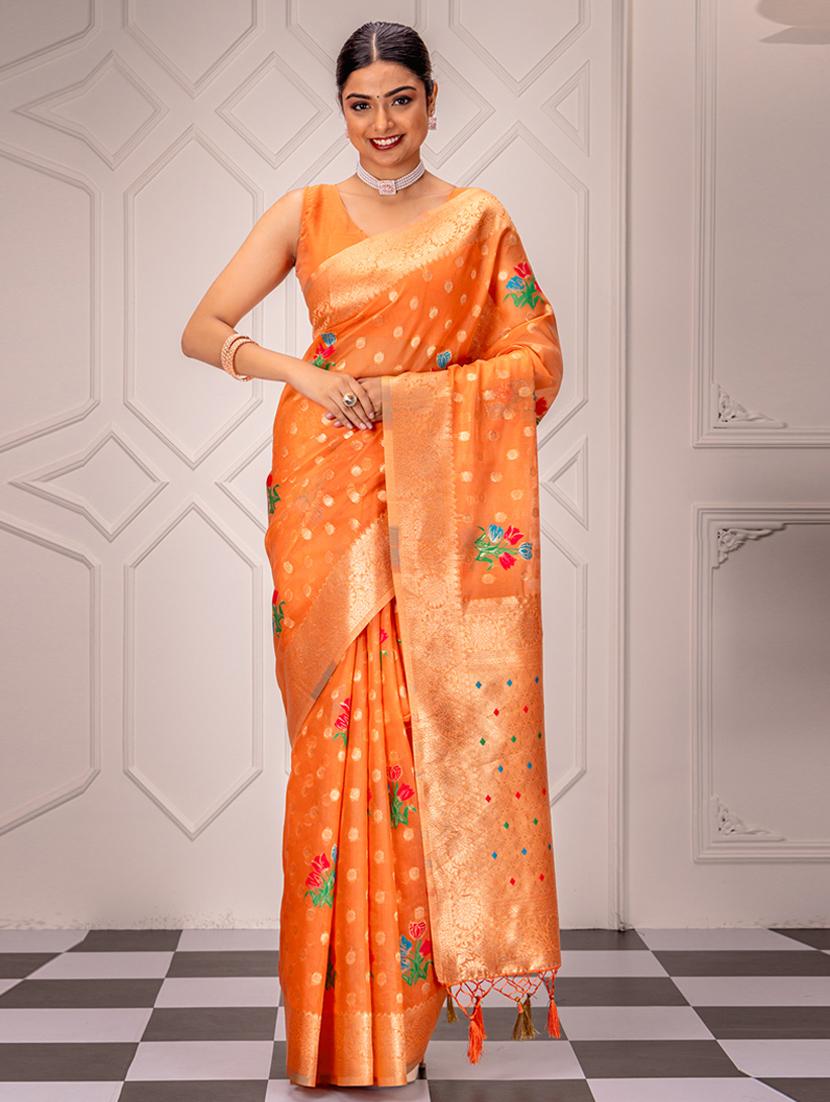 orange art silk banarasi saree - 21227499 - Zoom Image - 0