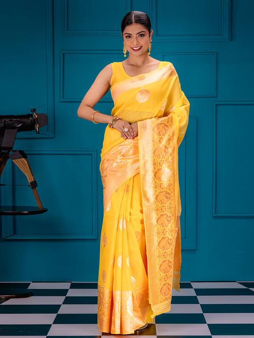 yellow banarasi saree with blouse - 21227507 - Standard Image - 0