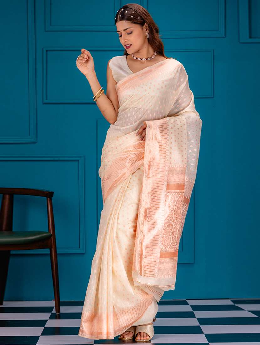 off white art silk banarasi saree with blouse - 21227513 - Zoom Image - 0