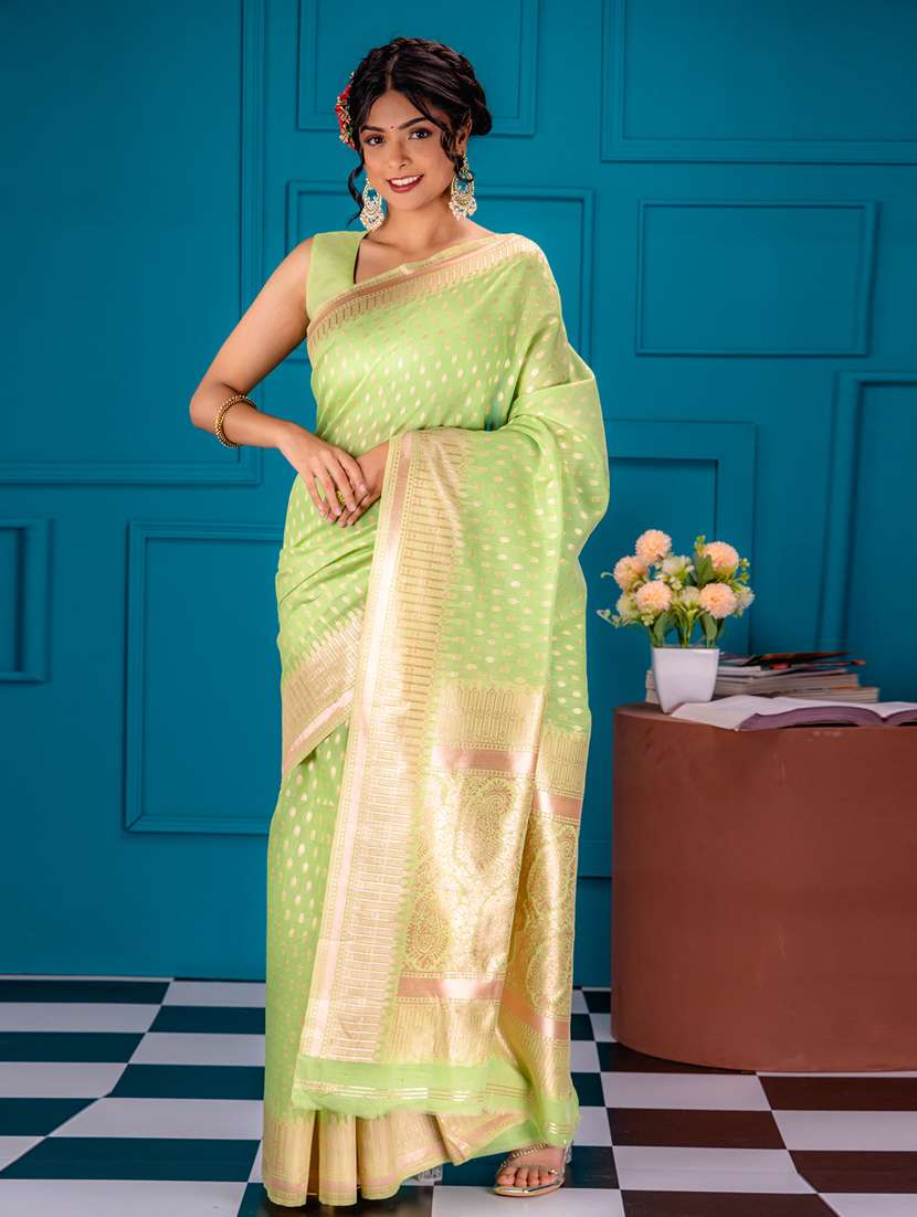 green art silk banarasi saree with blouse - 21227514 -  Zoom Image - 0