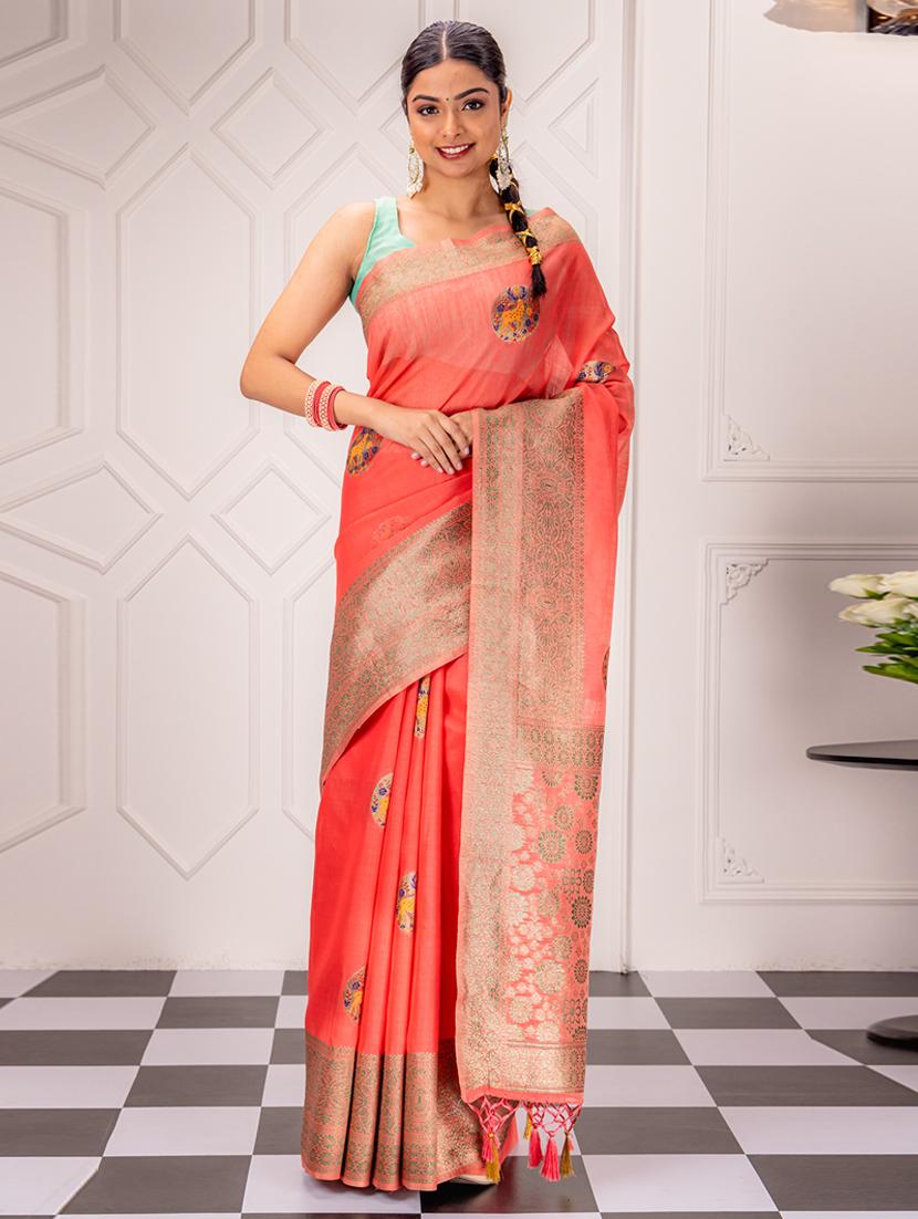 coral art silk banarasi saree with blouse - 21227520 - Zoom Image - 0