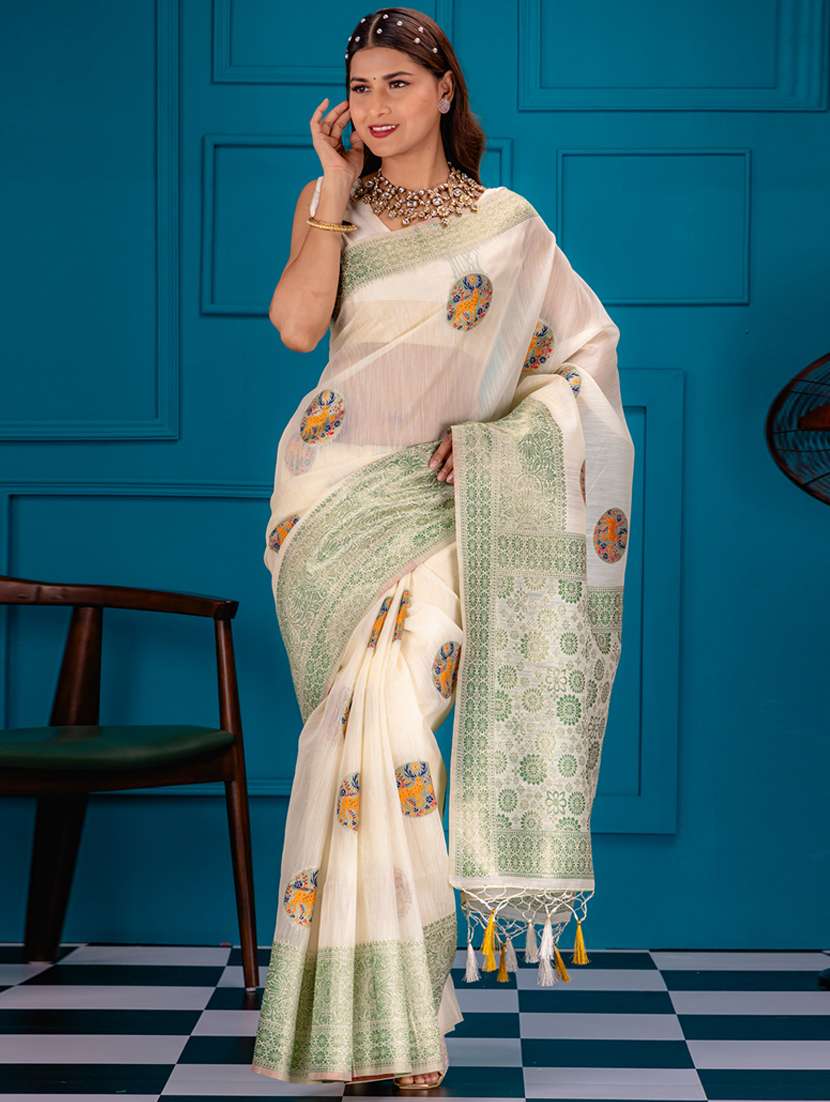 off white art silk banarasi saree with blouse - 21227521 - Zoom Image - 0
