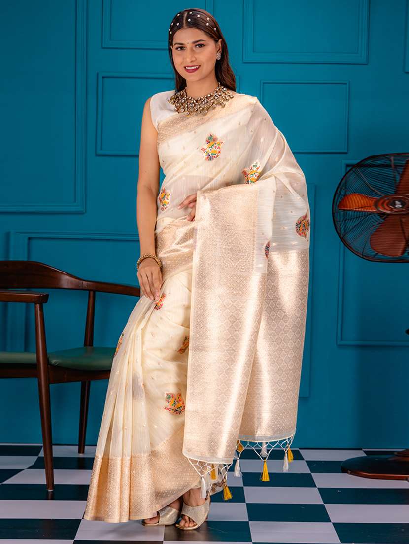 off white art silk banarasi saree with blouse - 21227526 -  Zoom Image - 0