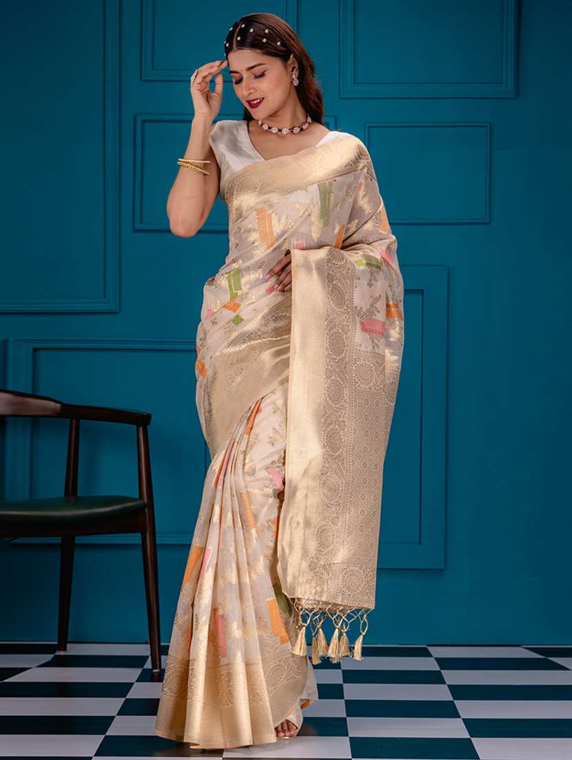 off white art silk banarasi saree - 21227567 - Zoom Image - 0