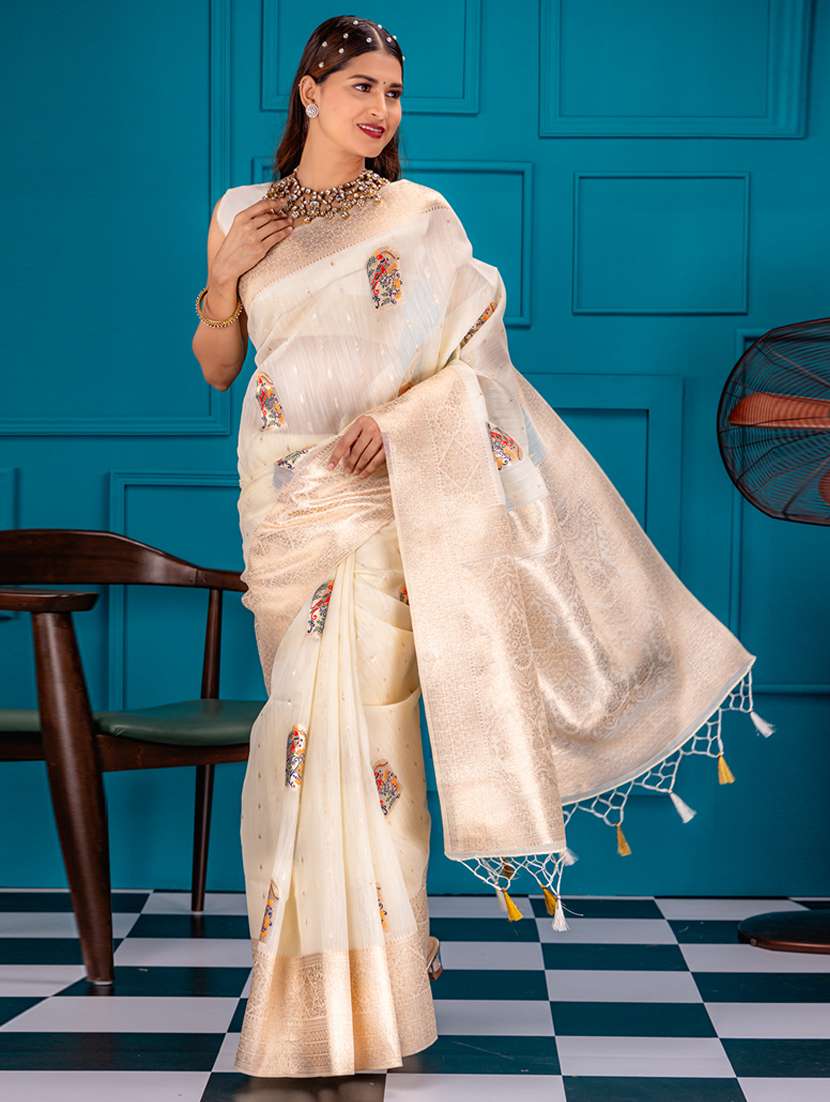 off white art silk banarasi saree with blouse - 21227575 - Zoom Image - 0