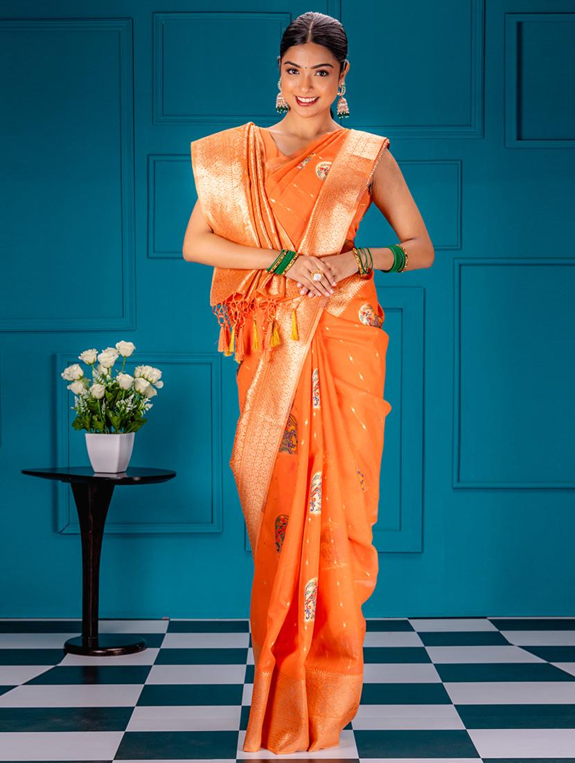 orange art silk banarasi saree with blouse - 21227576 - Zoom Image - 0
