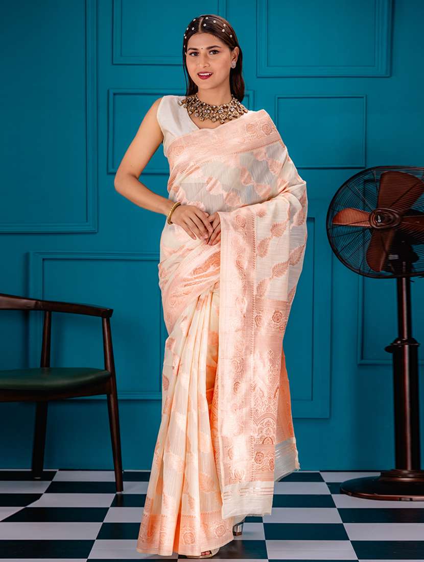 off white art silk banarasi saree with blouse - 21227580 - Zoom Image - 0