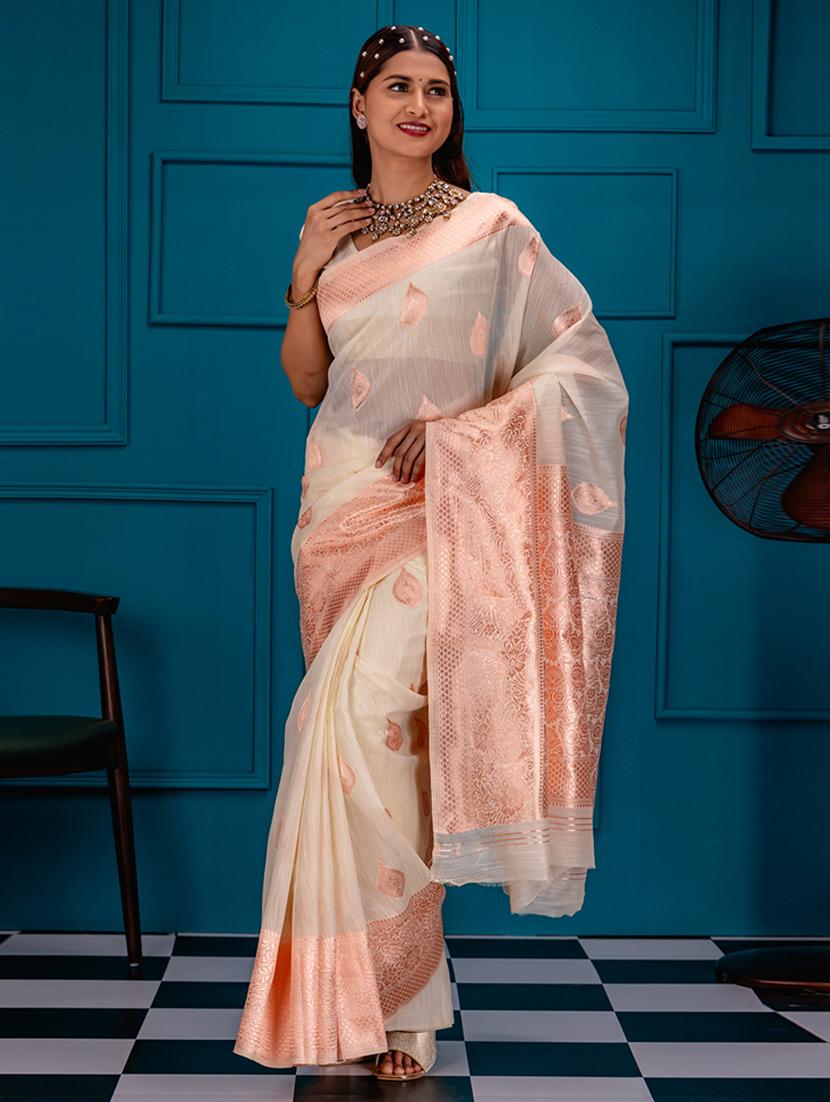 off white art silk banarasi saree - 21227584 -  Zoom Image - 0